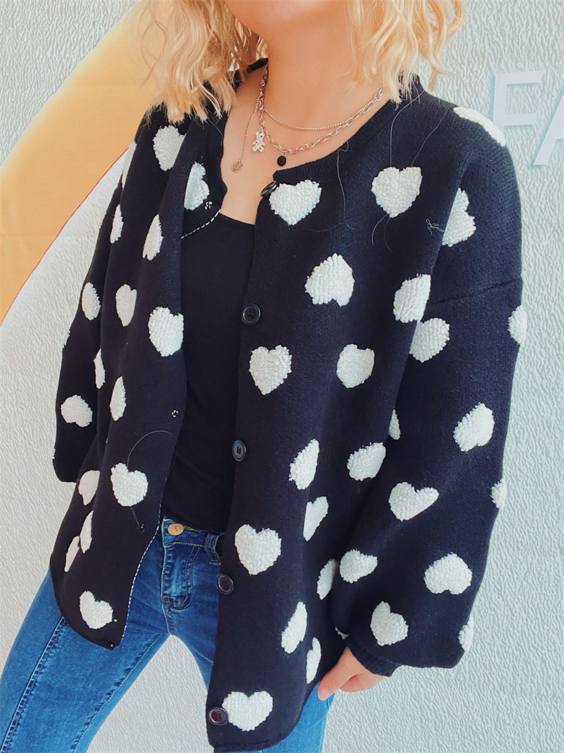 Heart Button Up Long Sleeve Cardigan