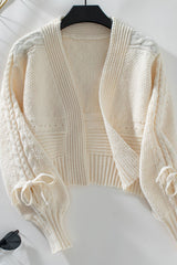 Cable-Knit Tied Open Front Lantern Sleeve Cardigan