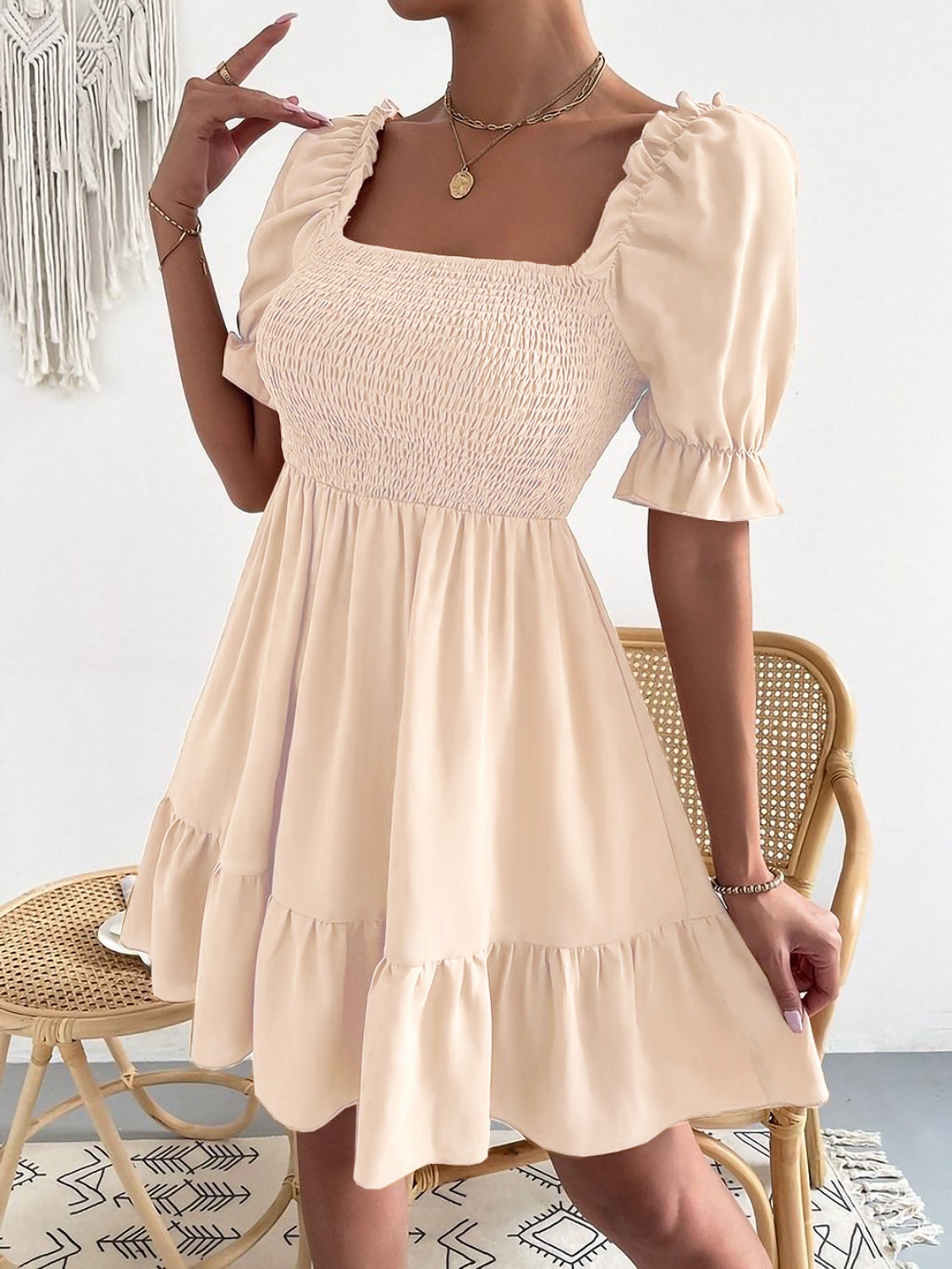 Smocked Square Neck Short Sleeve Dress