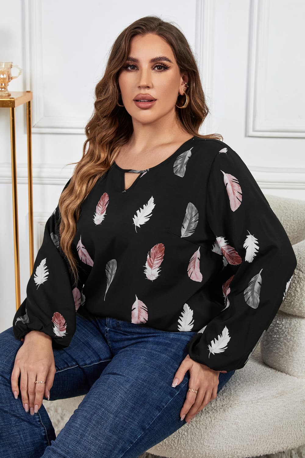 Honey Melo Apparel Plus Size Printed Round Neck Long Sleeve Cutout Blouse