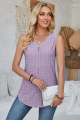 Eyelet Decorative Button V-Neck Tank