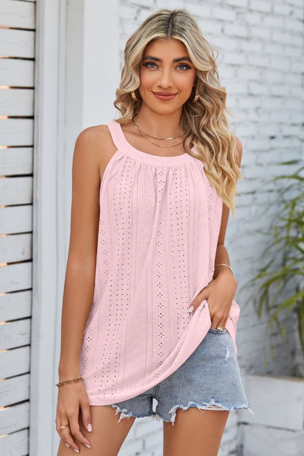 Openwork Round Neck Wide Strap Tank