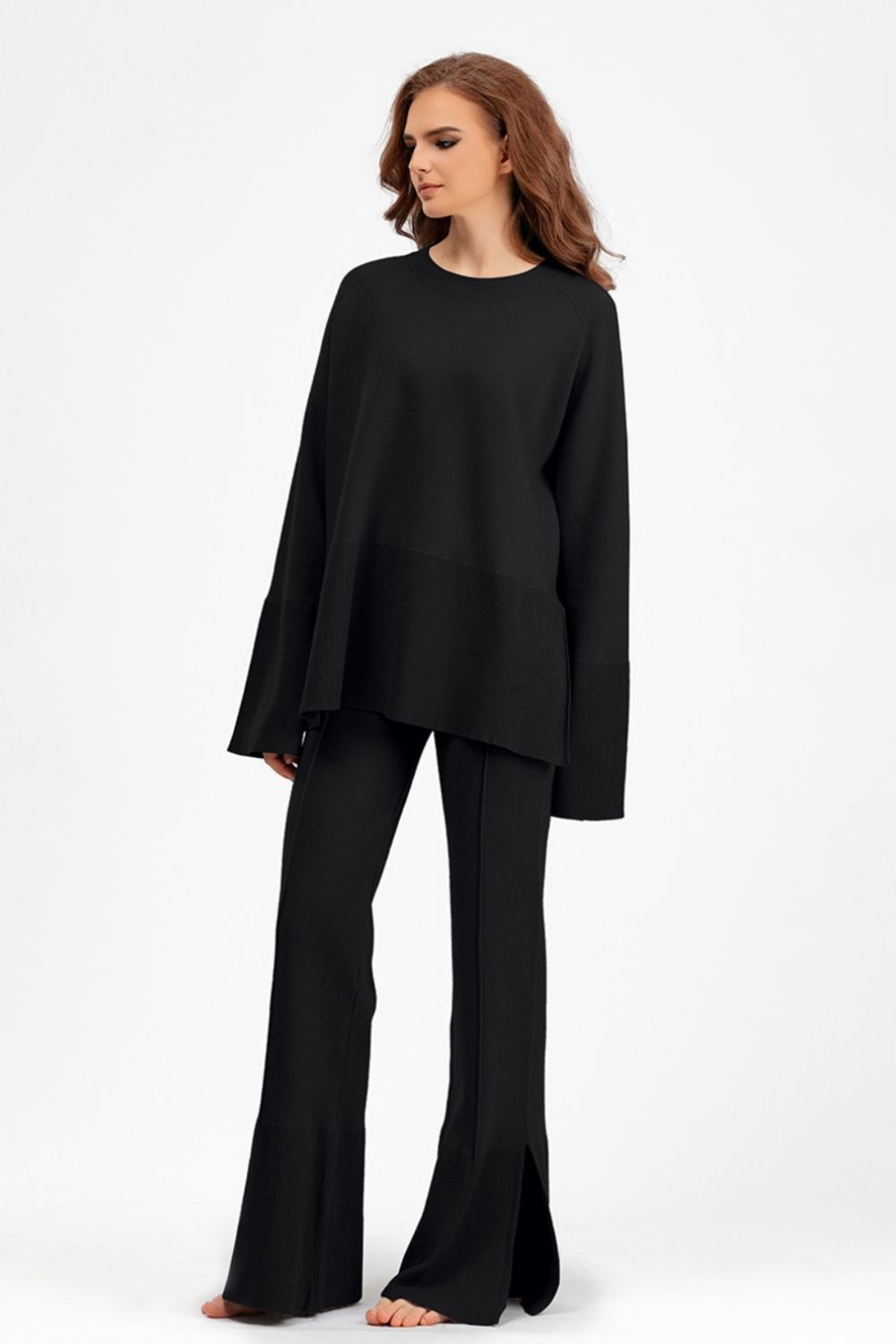 Basic Bae Slit Round Neck Long Sleeve Top and Drawstring Pants Sweater Set