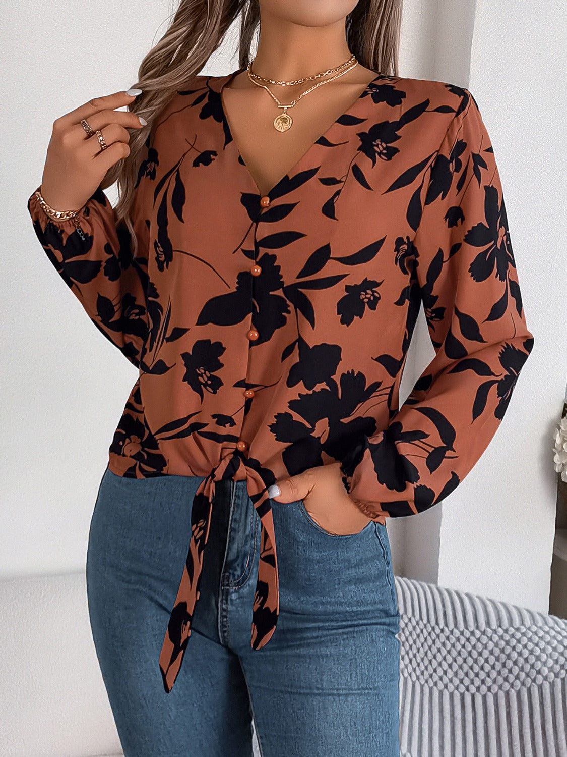 Printed V-Neck Long Sleeve Blouse