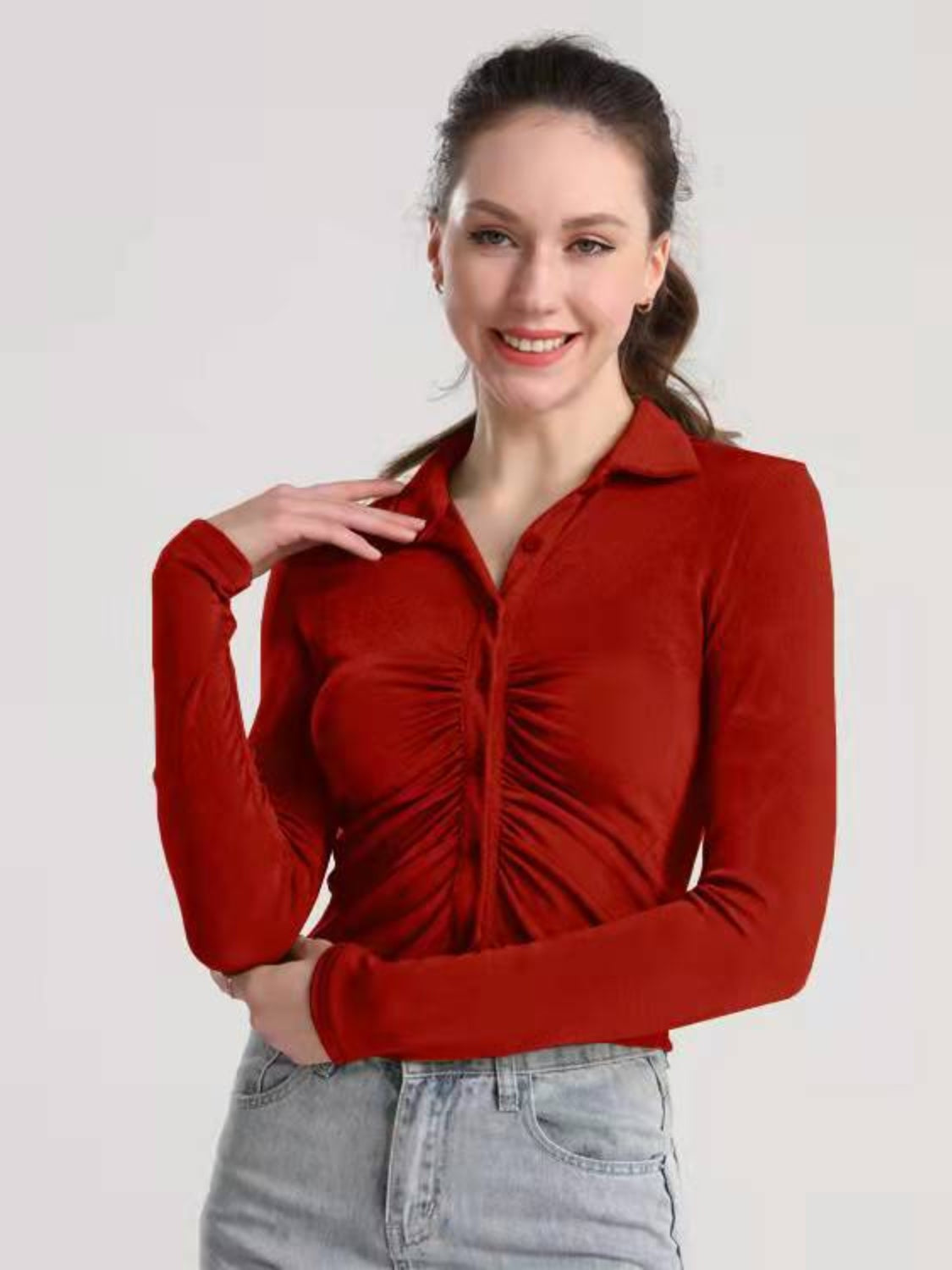 Ruched Button Up Long Sleeve T-Shirt