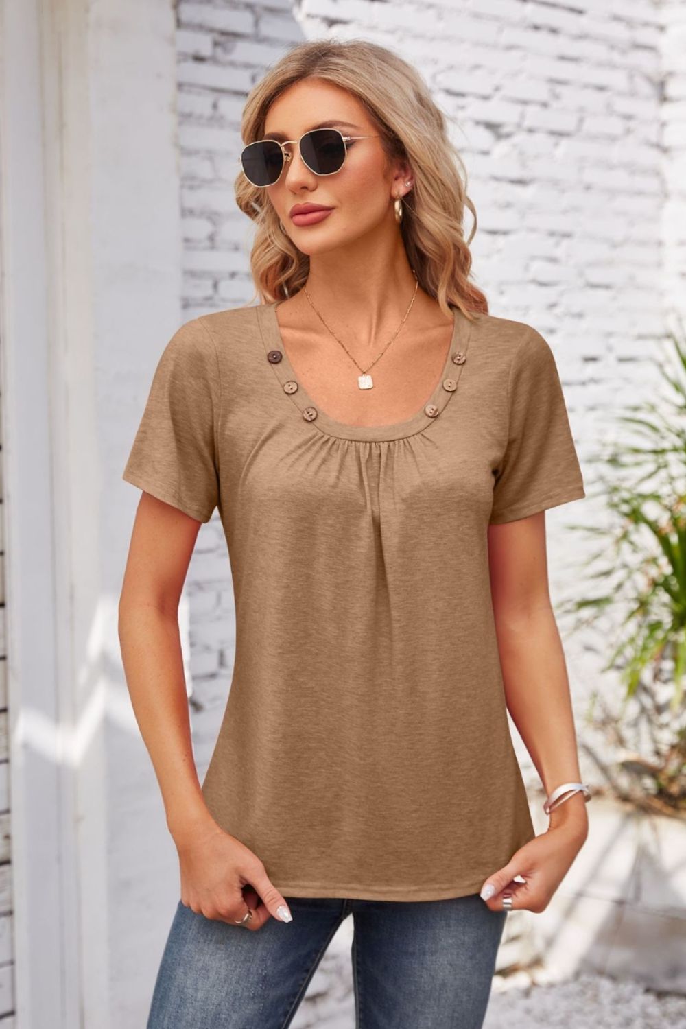 Decorative Button Scoop Neck T-Shirt