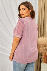 Plus Size Swiss Dot Spliced Lace V-Neck Blouse