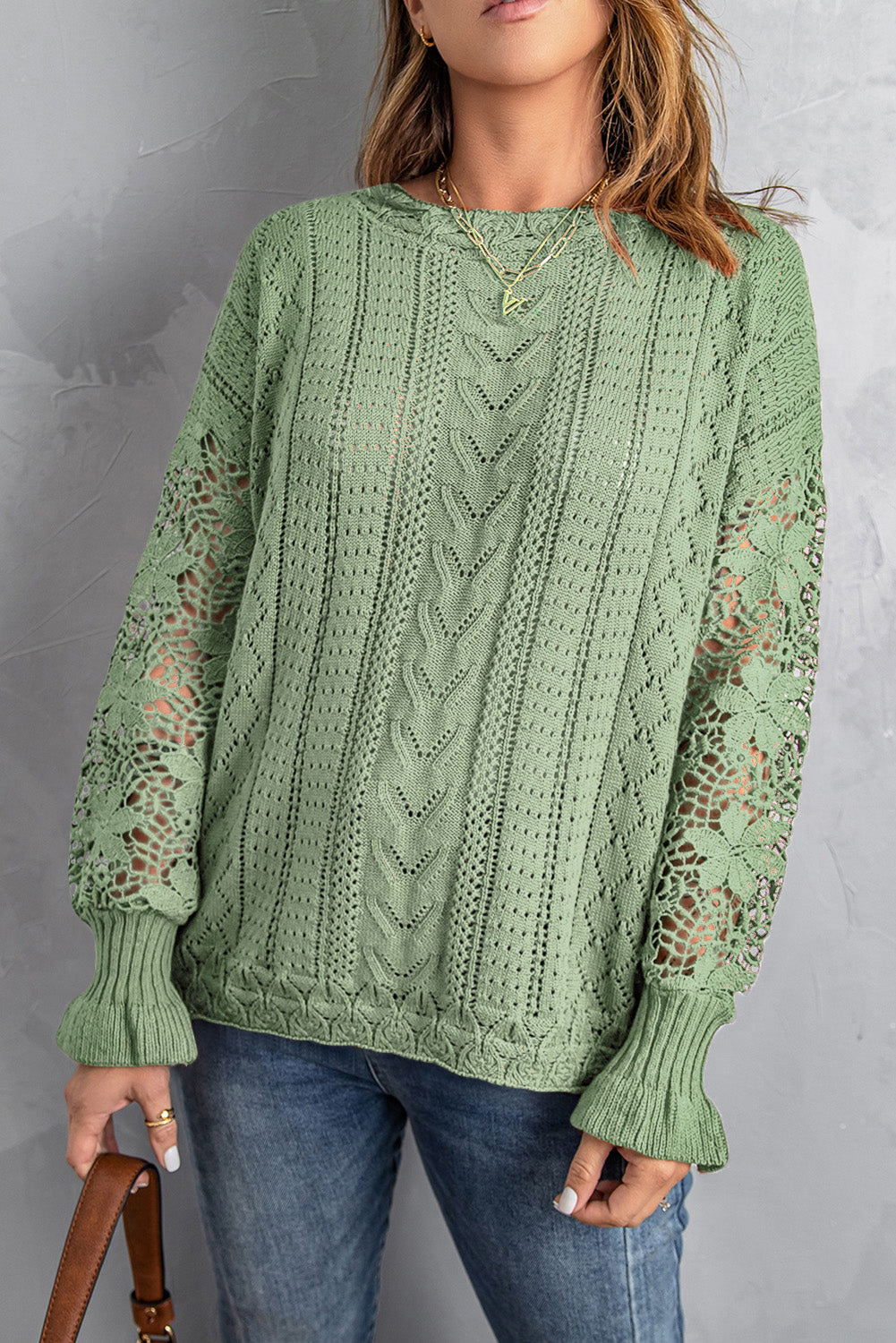 Openwork Lantern Sleeve Dropped Shoulder Sweater