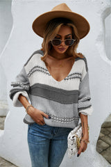 Angel Wings Color Block V-Neck Dropped Shoulder Sweater