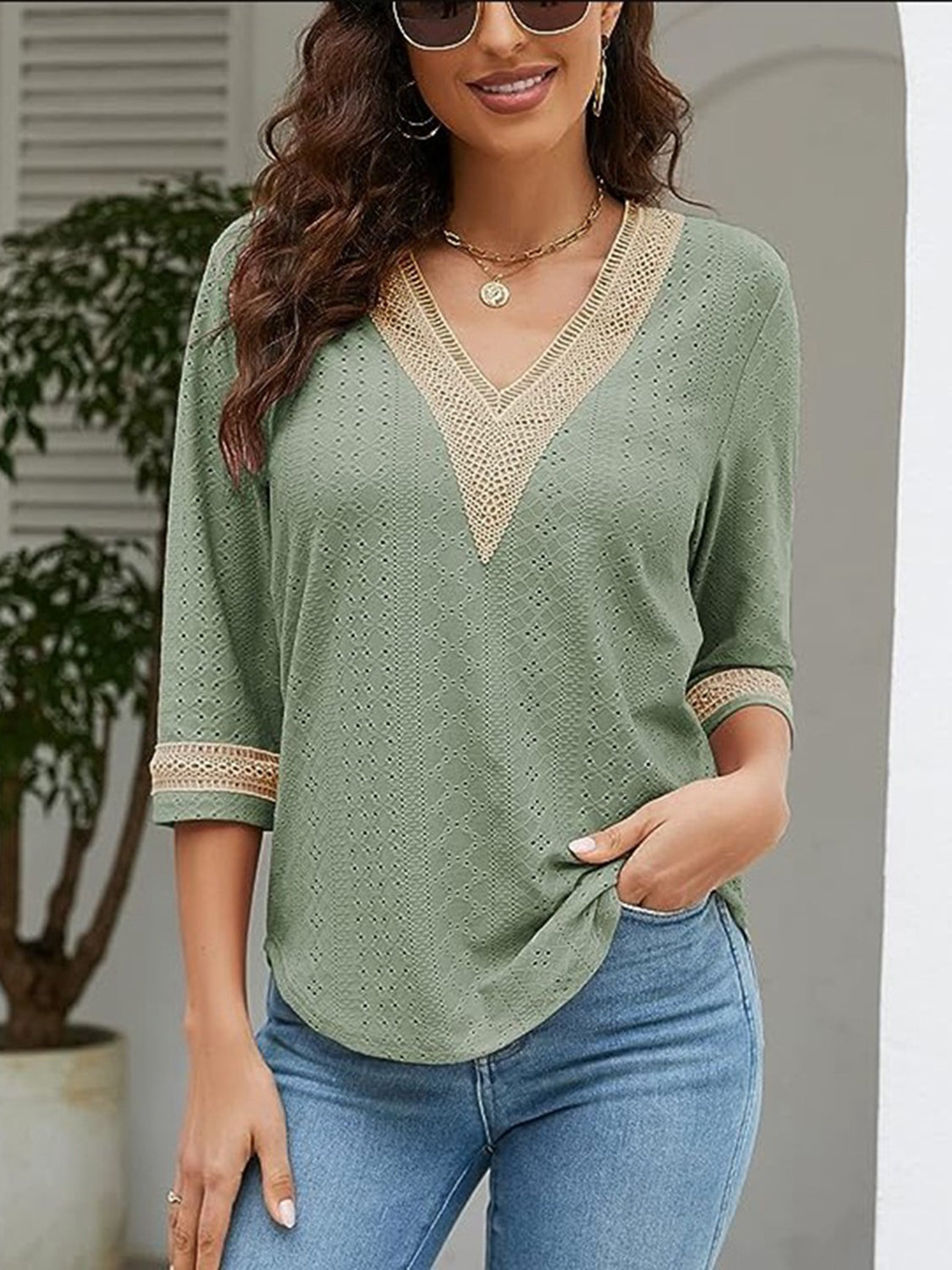 V-Neck Eyelet Blouse