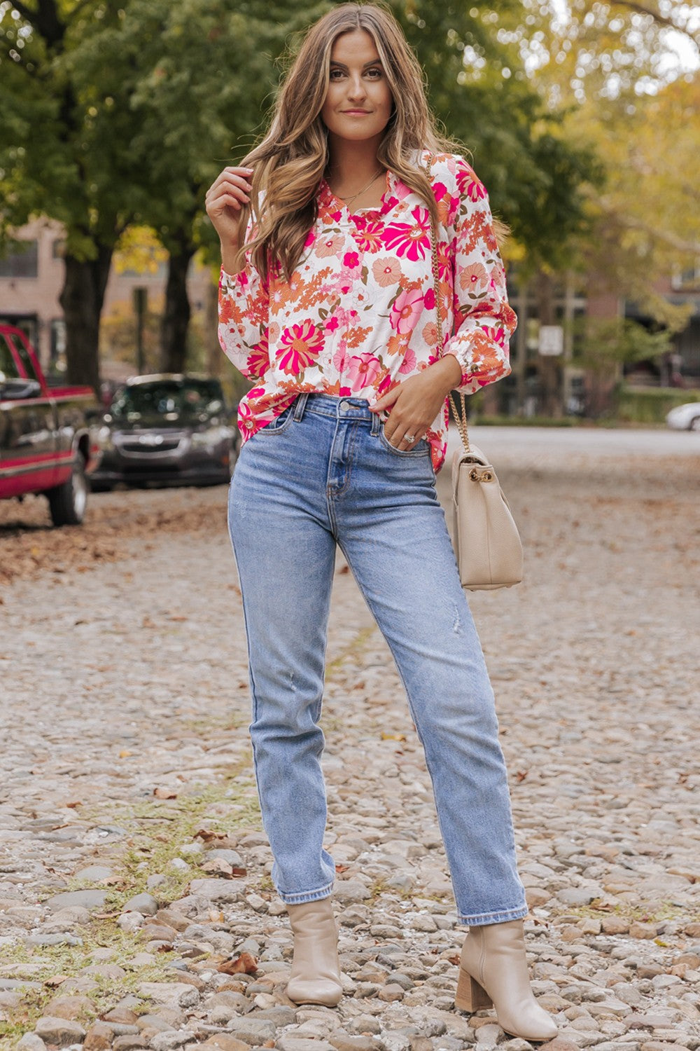 Floral V-Neck Frill Long Sleeve Blouse