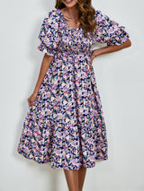 Smocked Floral Square Neck Short Sleeve Dress