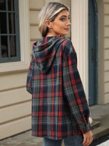 Drawstring Plaid Hooded Long Sleeve Top