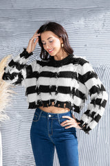 Striped Fringe Round Neck Sweater