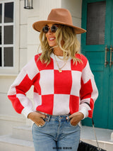 Angel Wings Checkered Round Neck Dropped Shoulder Sweater