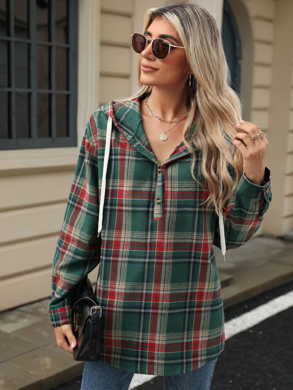 Drawstring Plaid Hooded Long Sleeve Top