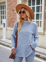 Ribbed Turtleneck Long Sleeve Slit Knit Top