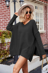 Slit V-Neck Dropped Shoulder Sweater