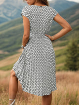 Perfee Printed Cap Sleeve Tie Waist Dress