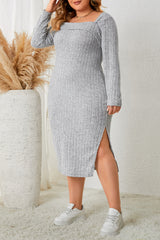 Honey Plus Size Square Neck Long Sleeve Slit Dress