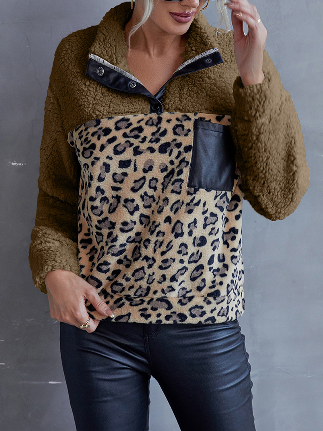 Ivy Lane Leopard Quarter-Snap Teddy Sweatshirt