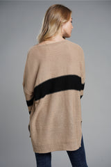 Slit Contrast V-Neck Long Sleeve Sweater