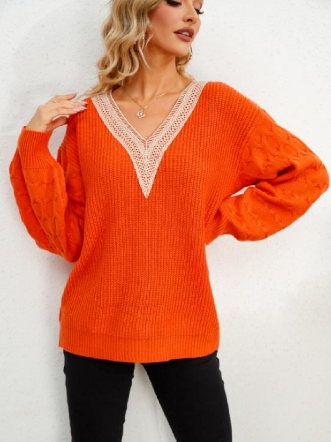 V-Neck Dropped Shoulder Long Sleeve Sweater