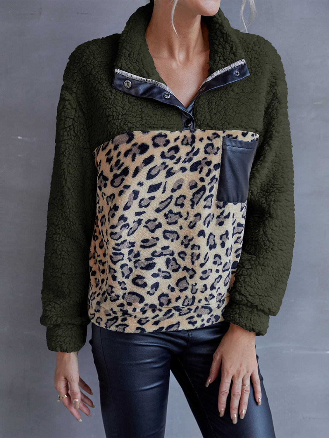 Ivy Lane Leopard Quarter-Snap Teddy Sweatshirt