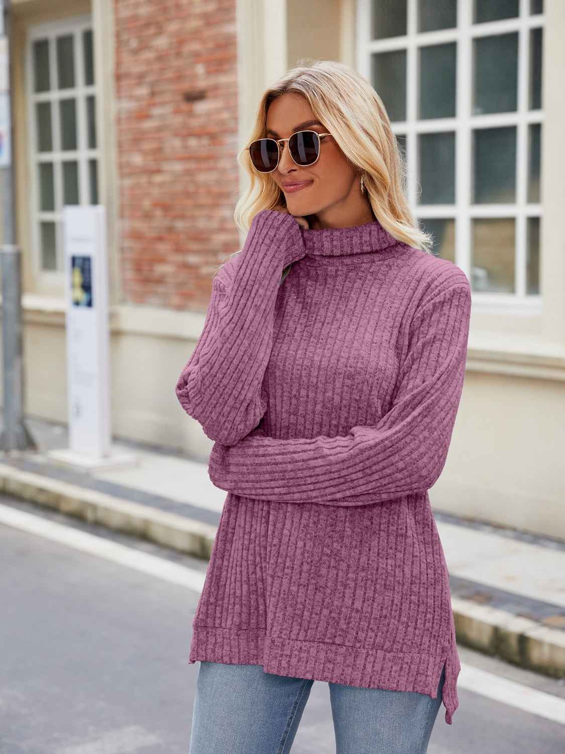 Ribbed Turtleneck Long Sleeve Slit Knit Top