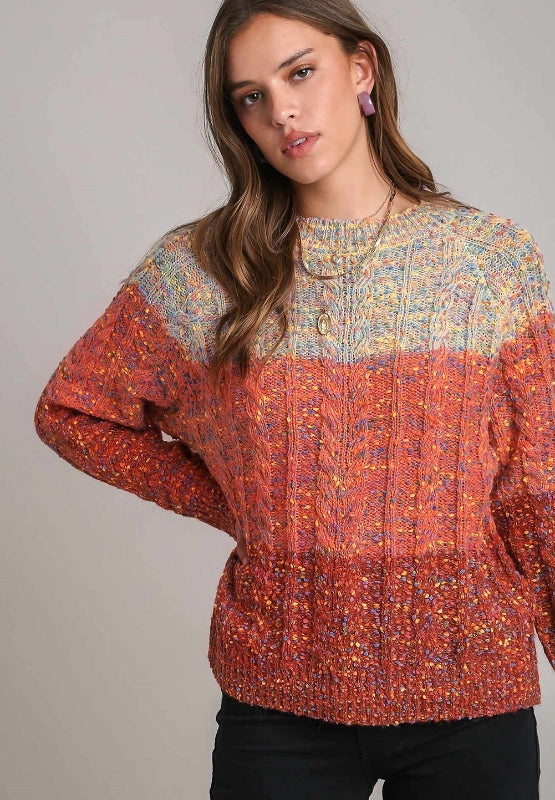 Cable-Knit Color Block Round Neck Long Sleeve Sweater