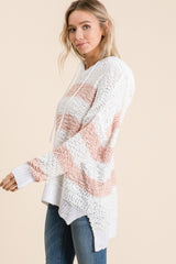 Reborn J Full Size High-Low Striped Popcorn Hoodie Sweater