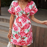 Perfee Floral Tied Short Sleeve Mini Dress