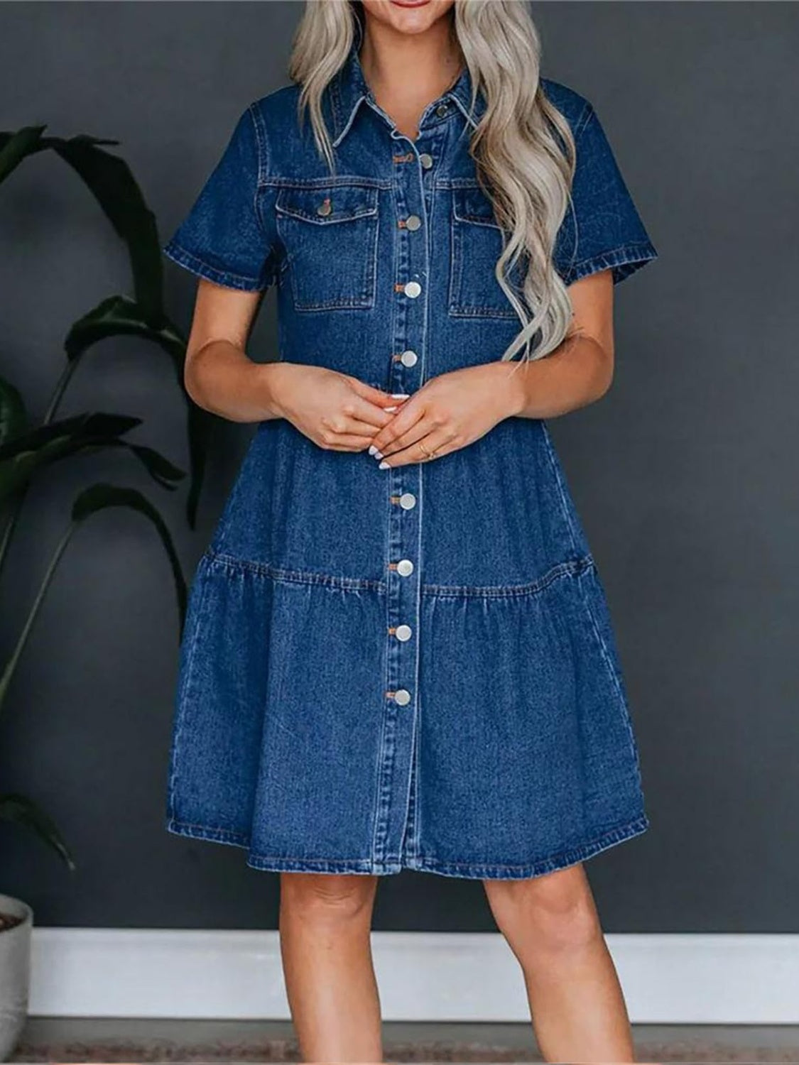 Pocketed Button Up Collared Neck Short Sleeve Denim Dress