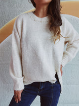 Slit Pearl Trim Round Neck Long Sleeve Sweater