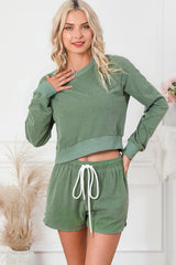 Round Neck Long Sleeve Top and Drawstring Shorts Lounge Set