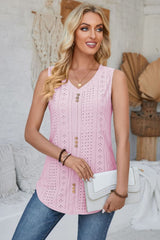 Eyelet Decorative Button V-Neck Tank