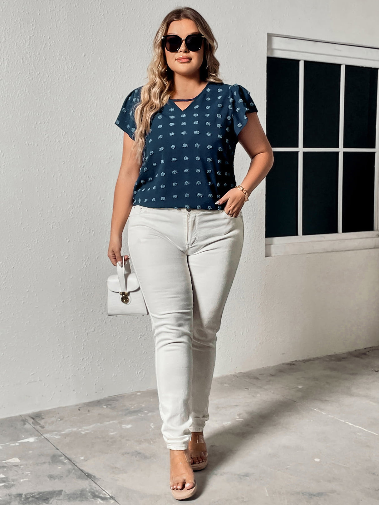 Honey Plus Size Swiss Dot V-Neck Flutter Sleeve Tee