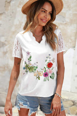 Shiny Floral Graphic Scalloped V-Neck Top