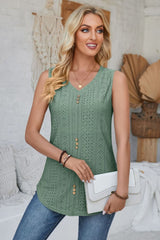 Eyelet Decorative Button V-Neck Tank