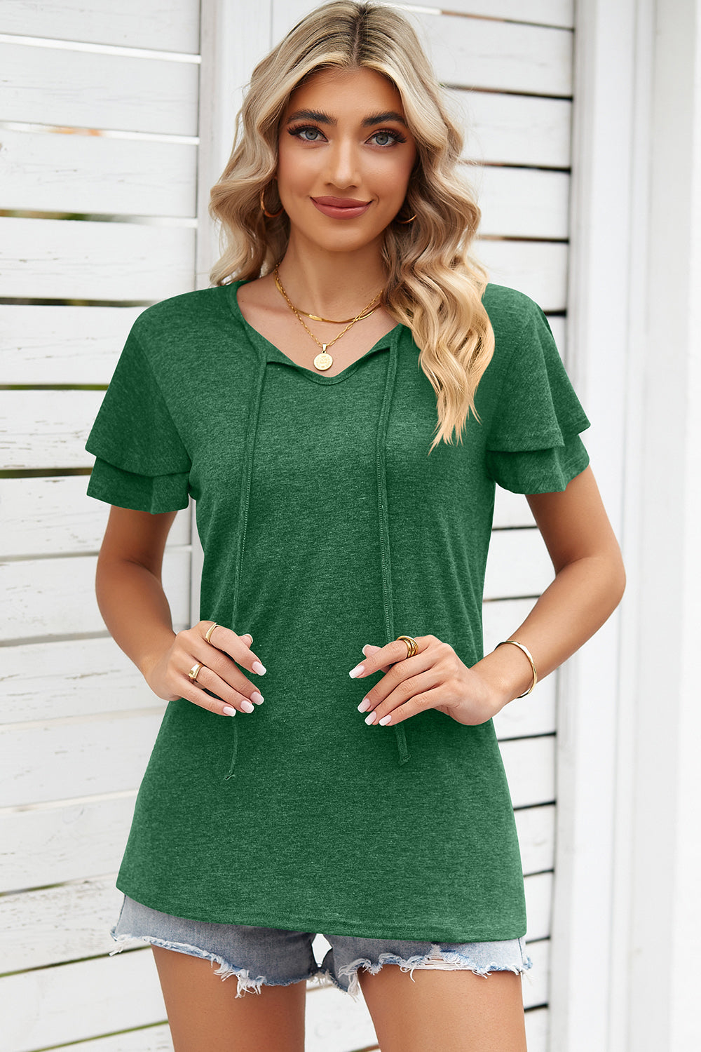 Tie Waist Flutter Sleeve Blouse