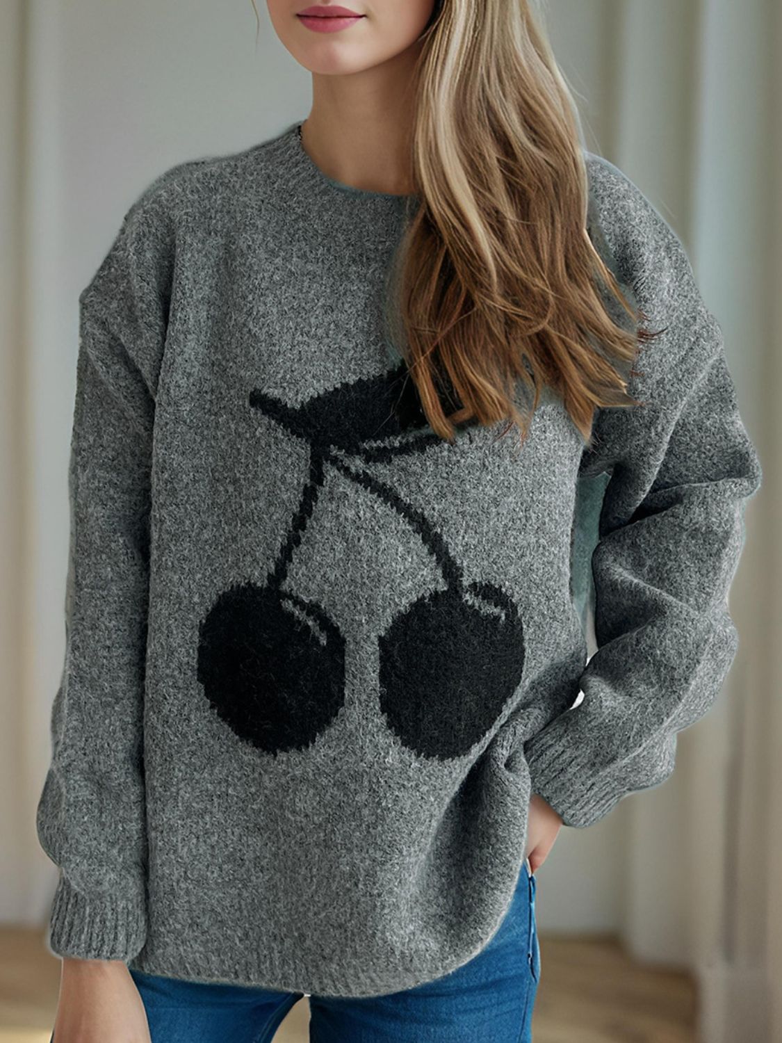 Cherry Round Neck Long Sleeve Sweater