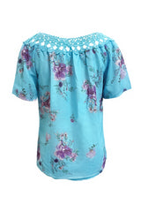 Full Size Printed Tie Neck Short Sleeve Blouse