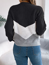 Cable-Knit Color Block Round Neck Sweater