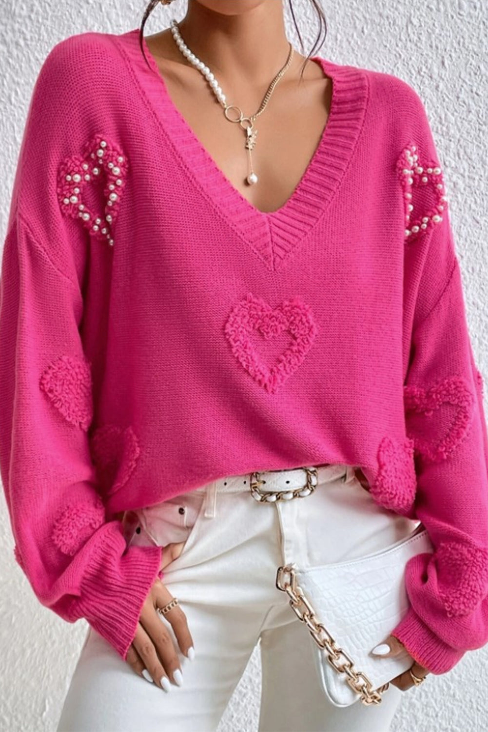 Pearl Trim Heart V-Neck Sweater