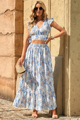 Printed Tie Back Cropped Top and Maxi Skirt Set