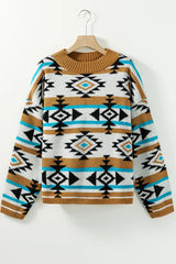 Full Size Geometric Round Neck Long Sleeve Sweater