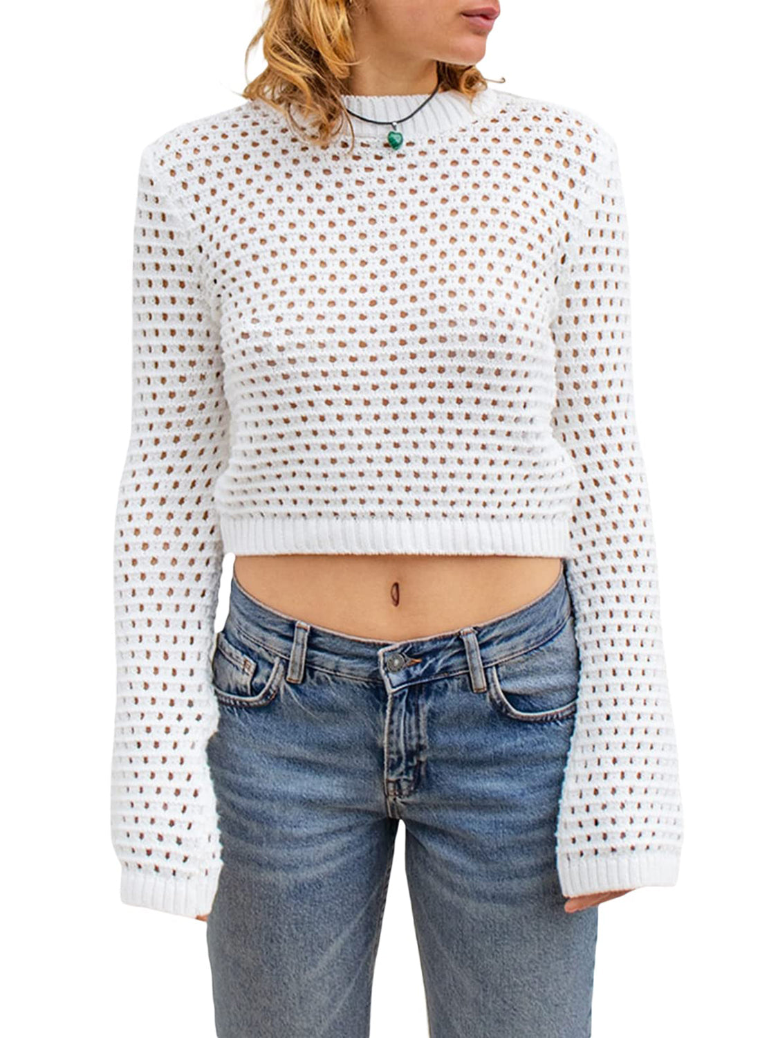 Openwork Round Neck Long Sleeve Knit Top