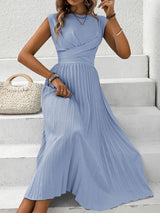 Perfee Pleated Round Neck Cap Sleeve Dress