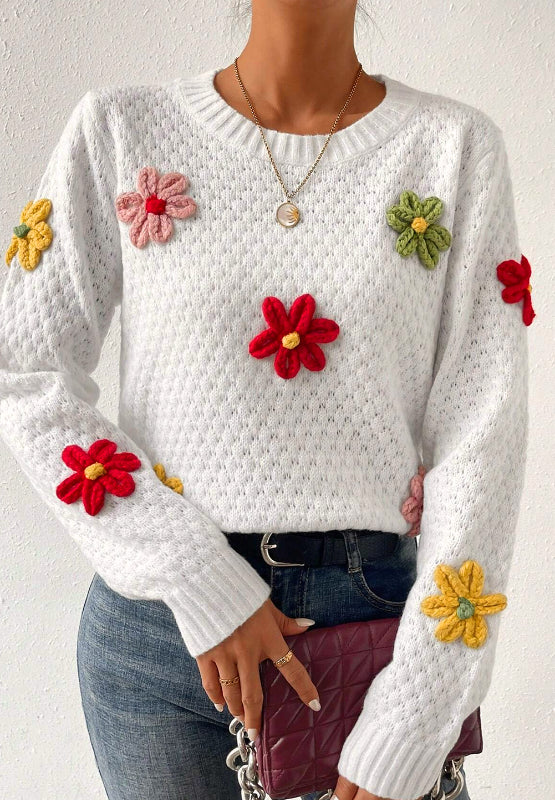 Crochet Flower Round Neck Long Sleeve Sweater