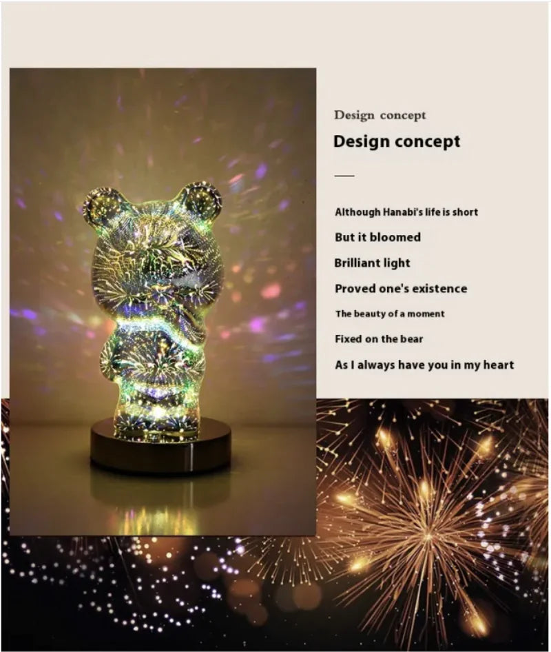 3D Fireworks Glass USB Bedside Lamp - Multicolor Dream Atmosphere Light